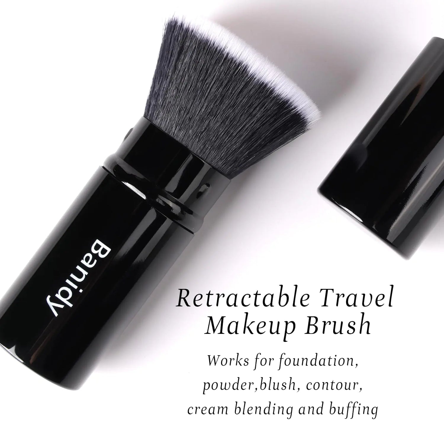 Makeup Brush Kabuki Face Brushes Retractable Travel Blush Brush Portable Flawless for Foundation, Powder Blush, Bronzer, Buffing, Liquid, Cream, Cruelty Free with Cover(Flat-Head) Flat-Head-Black