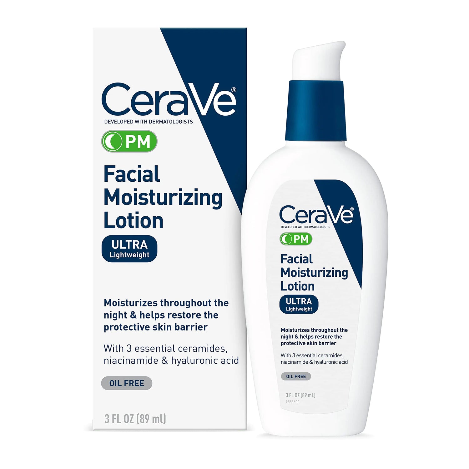 Lozione idratante per il viso CeraVe PM | Crema da notte con acido ialuronico e niacinamide | Idratante ultraleggero e senza olio per il viso | 3 once 3 fl oz (confezione da 1)