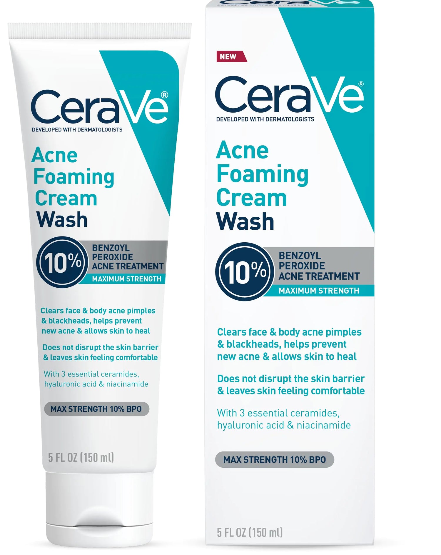 CeraVe Acne Foaming Cream Wash | Detergente delicato per l'acne del viso e del corpo con perossido di benzoile al 10%, acido ialuronico e niacinamide | Il trattamento dell'acne elimina brufoli, punti neri, acne al petto e alla schiena | 5 once