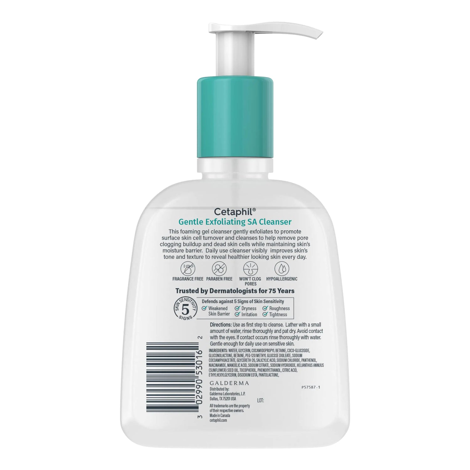 Detergente SA esfoliante delicato Cetaphil, detergente in gel schiumogeno per tutti i tipi di pelle, flacone con pompa da 8 once, acido salicilico, acido mandelico e gluconolattone, esfolia delicatamente, marchio raccomandato dal dermatologo