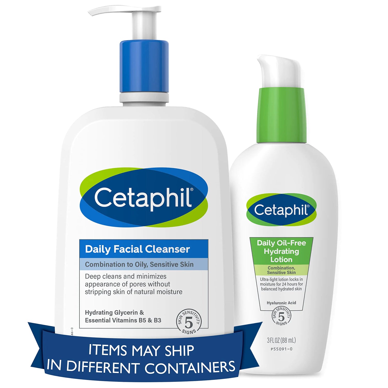 Cetaphil Bundle - Detergente viso quotidiano per pelli sensibili, da miste a grassa NUOVO 20 once e lozione idratante quotidiana per il viso, con acido ialuronico, 3 once, regali per la festa della mamma NUOVO, 20 once