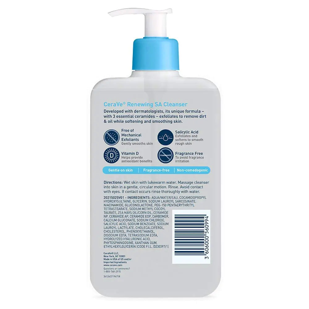 Detergente CeraVe SA | Detergente all’acido salicilico con acido ialuronico, niacinamide e ceramidi| Esfoliante BHA per il viso | Non comedogenico senza profumo | 16 once 16 fl oz (confezione da 1)