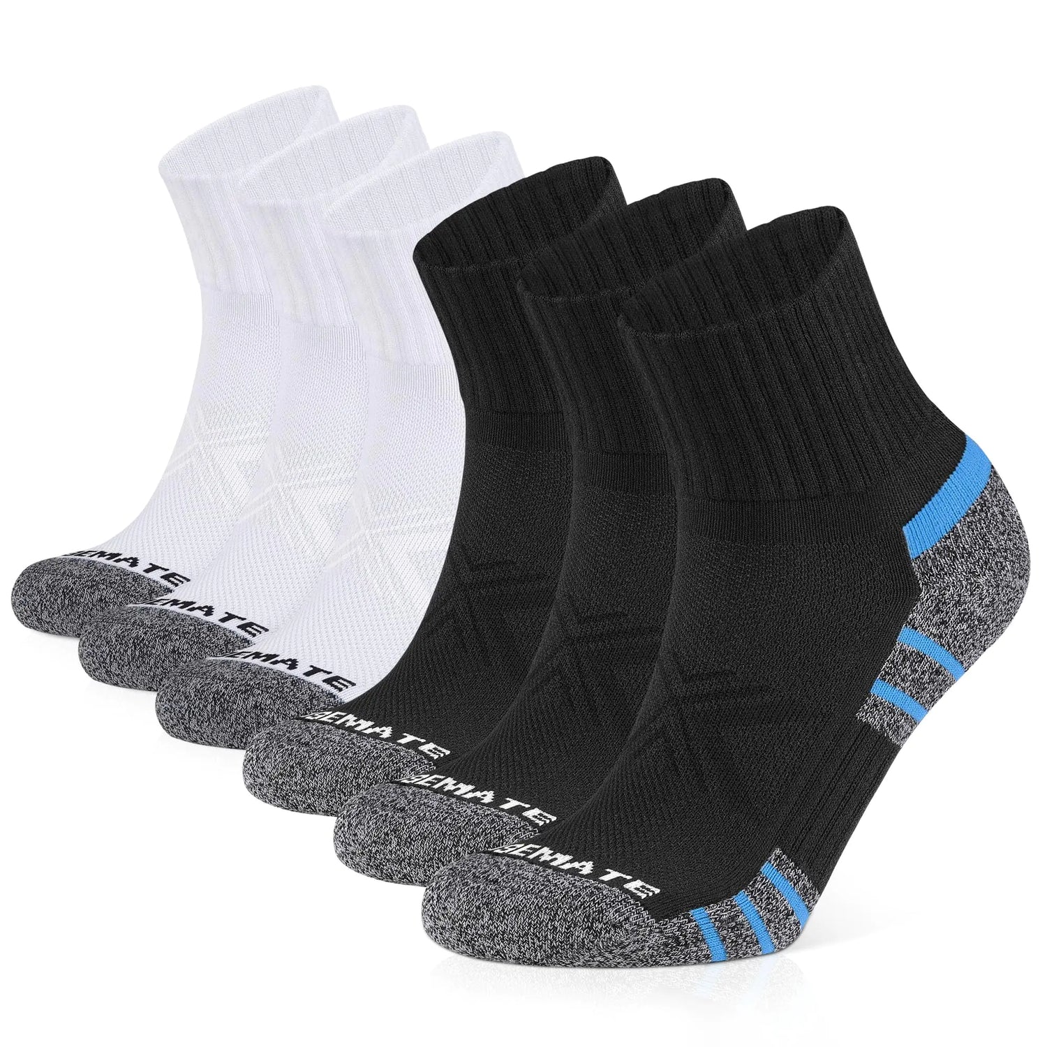 Closemate 6 Pack Mens Ankle Athletic Socks Cushioned Running Sports Cotton Quarter Socks 13-15 3black 3white