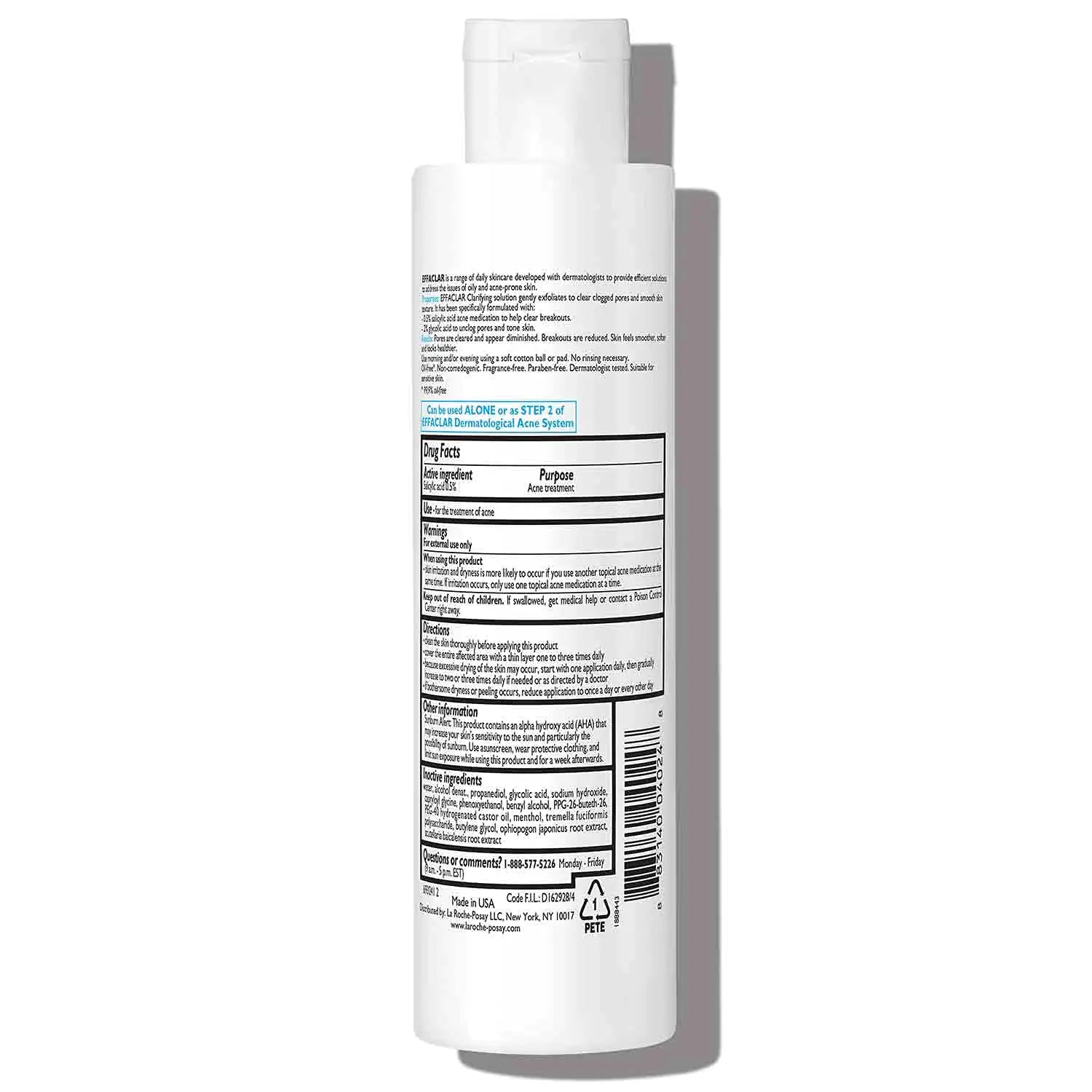 La Roche-Posay Effaclar Clarifying Solution Acne Toner con acido salicilico e acido glicolico, tonico per la pelle grassa che raffina i pori, esfoliante delicato per stasare i pori e rimuovere le cellule morte della pelle