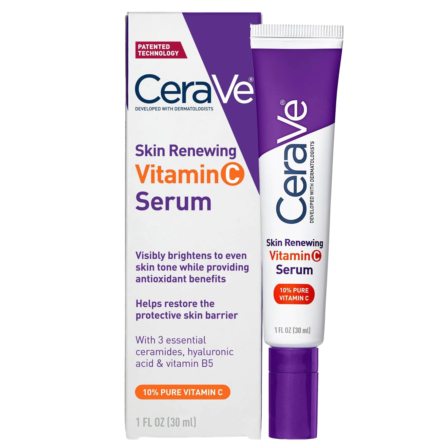 Siero alla vitamina C CeraVe con acido ialuronico | Siero illuminante per la pelle per il viso con il 10% di vitamina C pura | Senza profumo | 1 Fl. Once