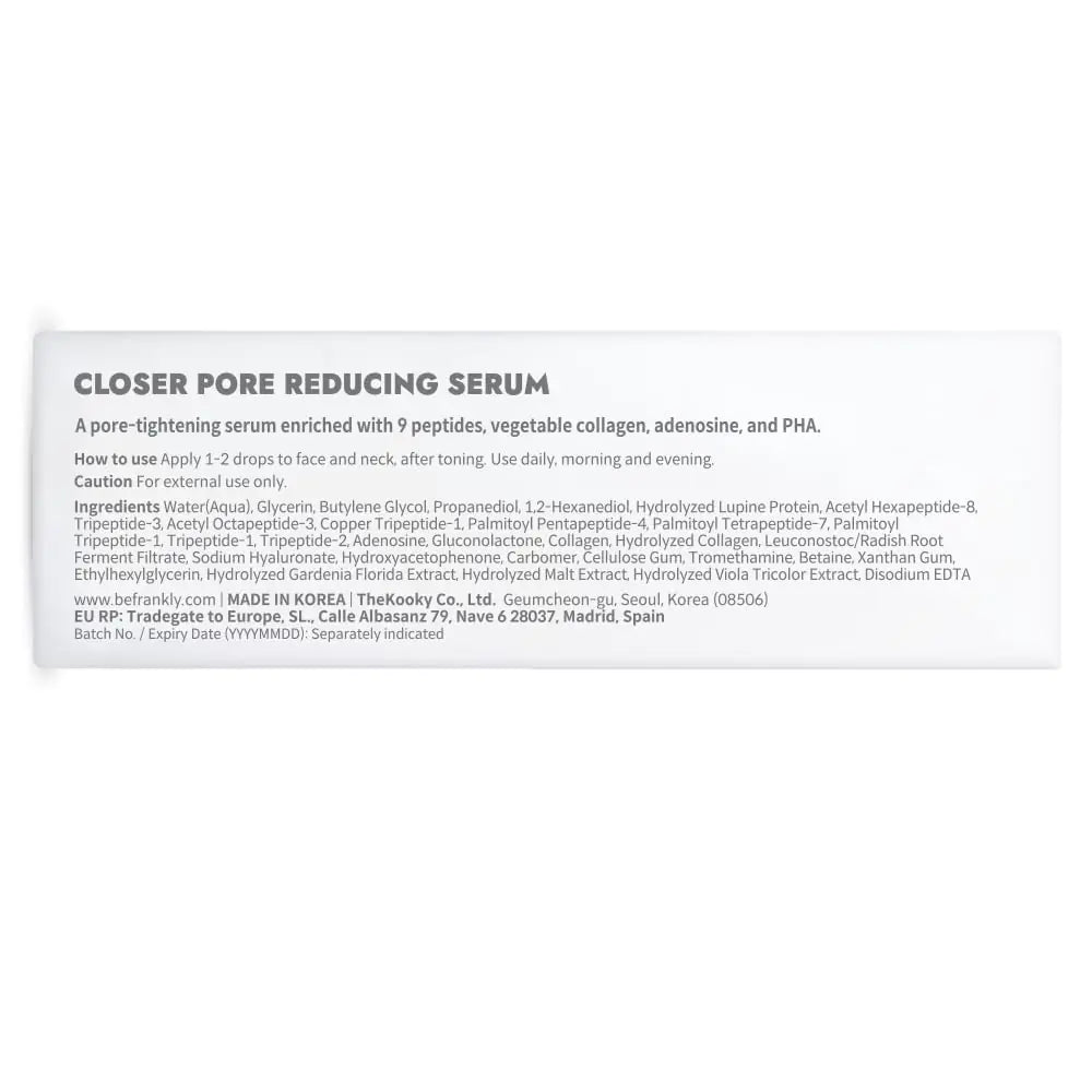 Frankly Closer Serum - Minimizzazione dei pori, anti-invecchiamento, elasticità, idratazione, pelle carnosa e rugiadosa |9 peptidi, collagene vegano, PHA |Cura della pelle coreana non comedogenica e dermatologica |Tutti i tipi di pelle |2,03 fl.oz 2,03 fl