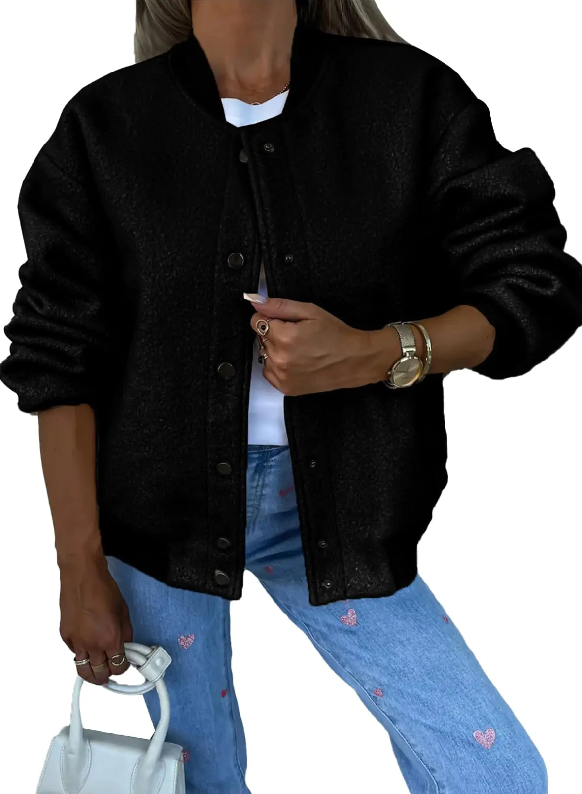 SHEWIN Womens Bomber Jacket Casual Stand Collar Button Down Jackets Loose Fleece Coat Outwear With Pockets Small Black