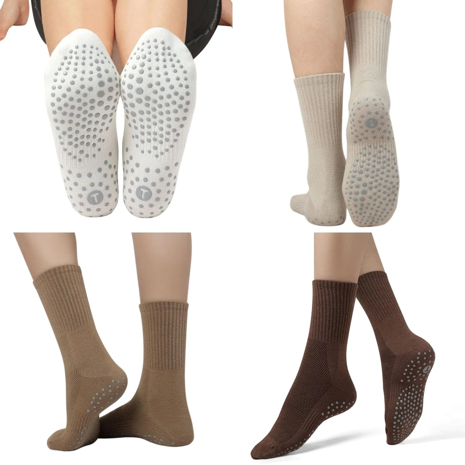 Toes Home Pilates Socks for Women with Non Slip Grippers, Yoga Crew Socks for Barre Hospital Sticky Slipper Socks 4 Pairs 6-10 Tan