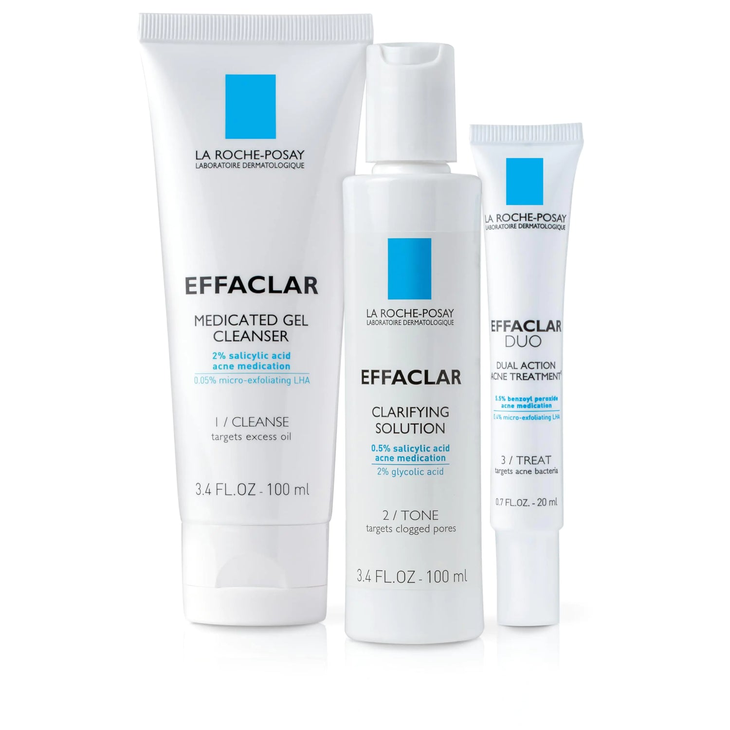 La Roche-Posay Effaclar Dermatological 3 Step Acne Treatment System, Acne Cleanser all'acido salicilico, Tonico per la raffinazione dei pori e Trattamento spot al perossido di benzoile per pelli sensibili, fornitura di 2 mesi