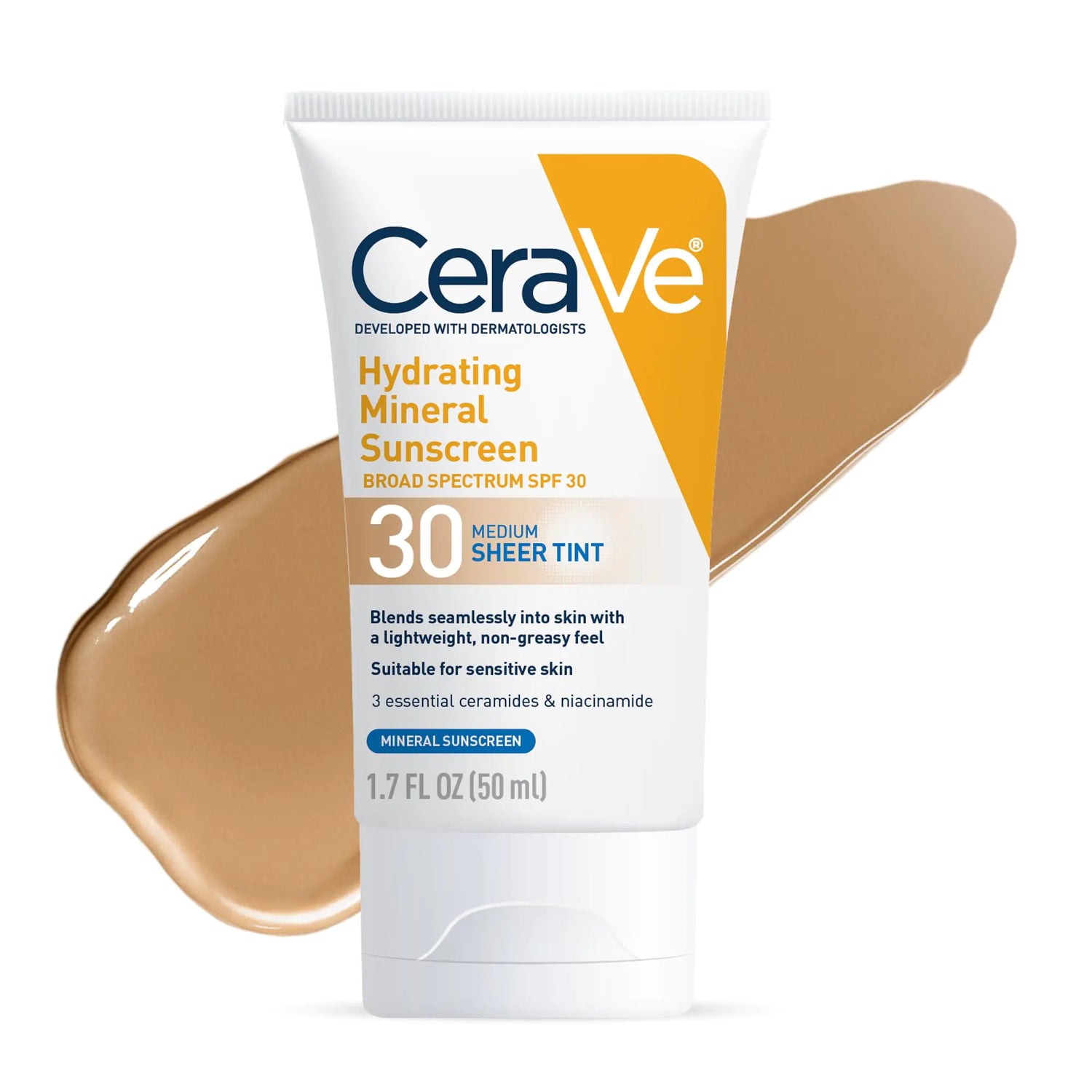 Crema solare minerale idratante CeraVe SPF 30 con tinta trasparente | Protezione solare minerale colorata con ossido di zinco e biossido di titanio | Si fonde perfettamente per un bagliore sano | Medio, 1,7 once fluide senza profumo