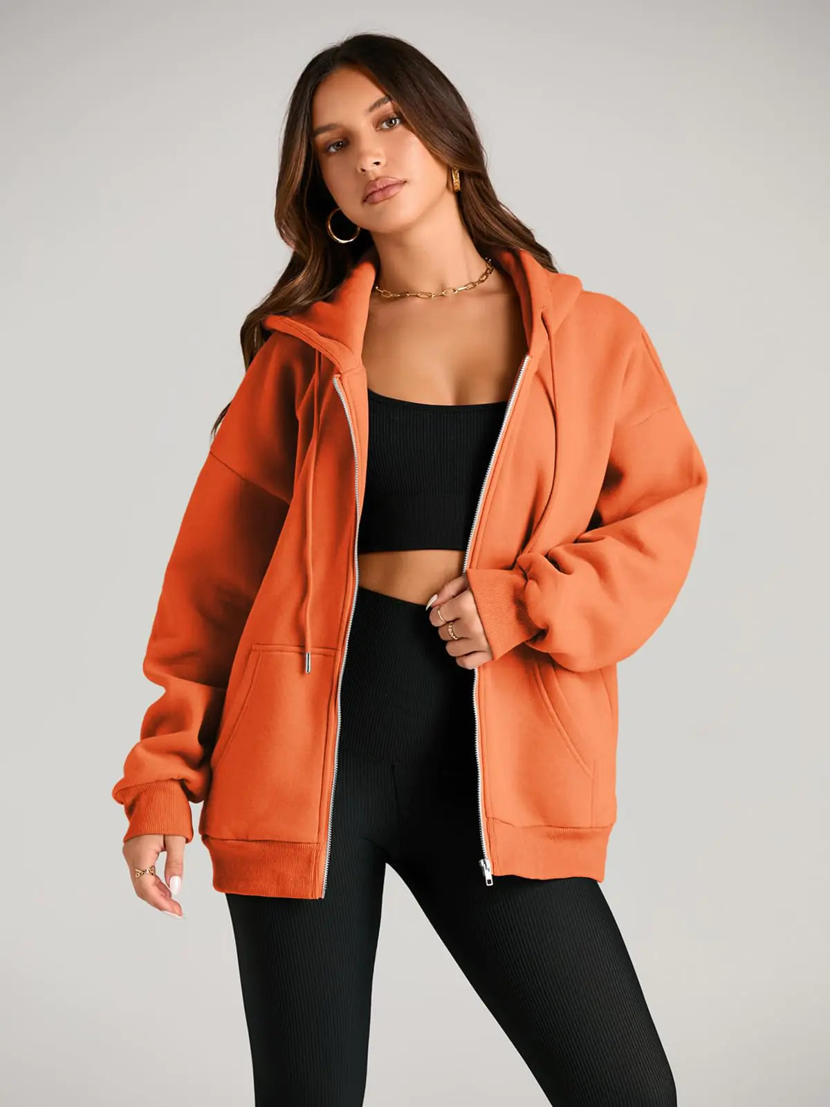 EFAN Women's Drawstring Zip Up Cute Hoodies Fall Jacket Oversized Casual Sweatshirts with Pocket X-Small Orange