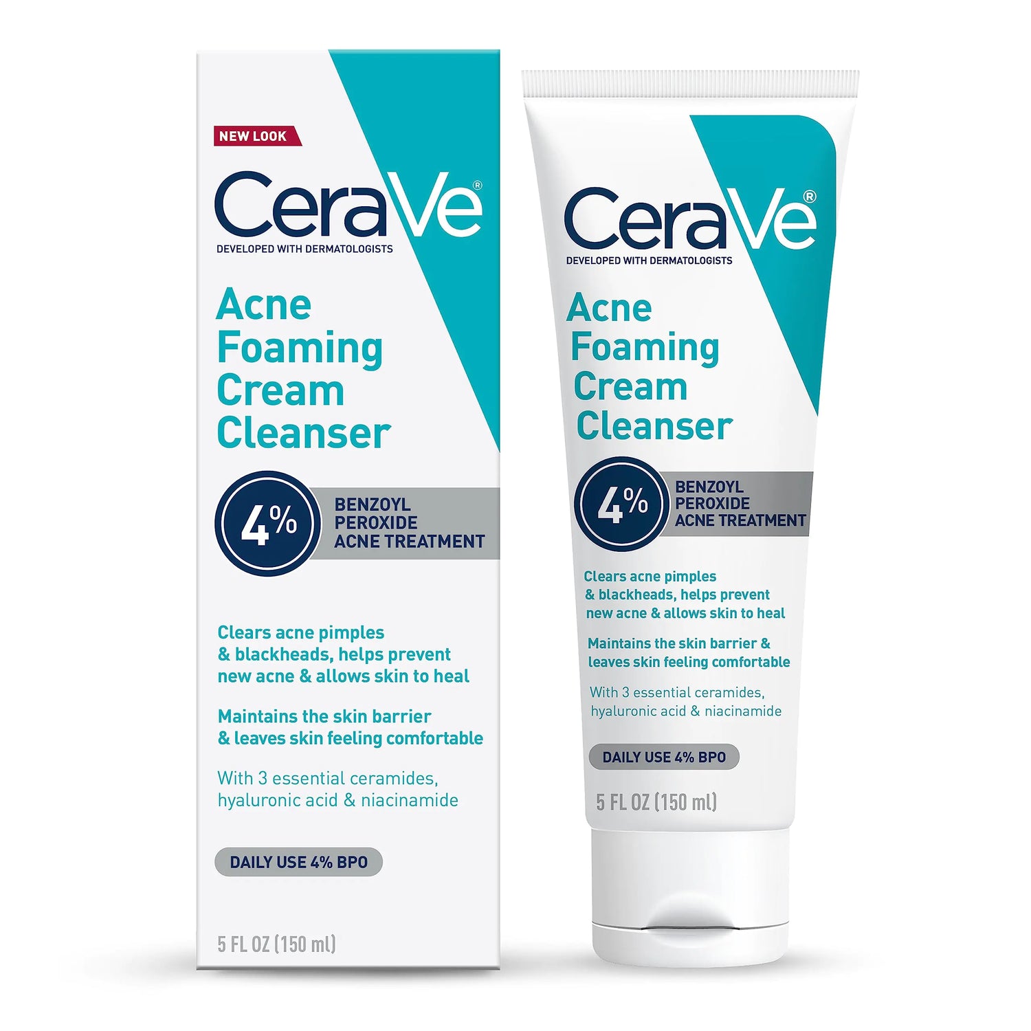 CeraVe Acne Foaming Cream Cleanser | Detergente viso per il trattamento dell'acne con perossido di benzoile al 4%, acido ialuronico e niacinamide | Formula da crema a schiuma | Senza profumo e non comedogenica | 5 once