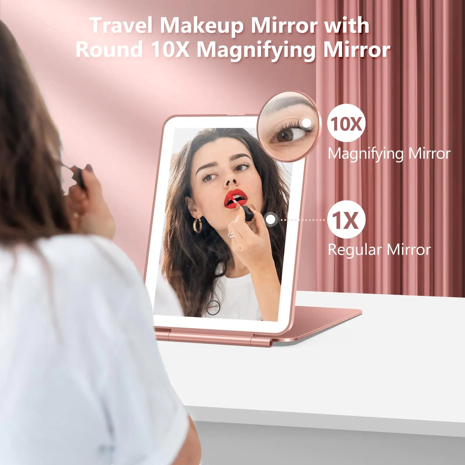 Rechargeable Travel Makeup Mirror, Vanity Mirror with 80LEDs, 3 Color Lighting, 2000mAh Battery, Portable Ultra Slim Lighted Makeup Mirror, Gift for Women (Rose Gold) Rose Gold