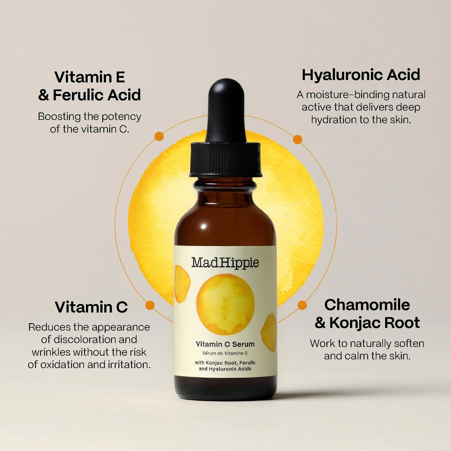 Siero Mad Hippie alla vitamina C per il viso con acido ialuronico, vitamina E e acido ferulico - Siero viso alla vitamina C per donne/uomini, siero illuminante per la pelle,