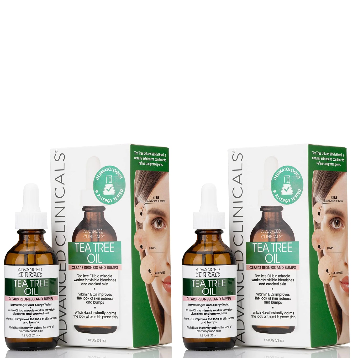 Advanced Clinicals Vegan Tea Tree Oil For Skin | Acne Patch Vegan Facial Serum | Targets Redness, Bumps, breakouts, and Acne Scars | Olio di Tea Tree biologico puro per il viso con vitamina E e amamelide, 2 pezzi 1,8 fl oz (confezione da 2)