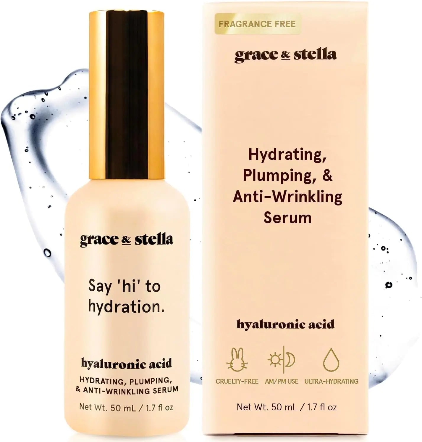 Siero all’acido ialuronico Grace & Stella per il viso - 50 ml, siero antietà con proprietà idratanti e illuminanti, pompa da 50 ml vegana e senza parabeni