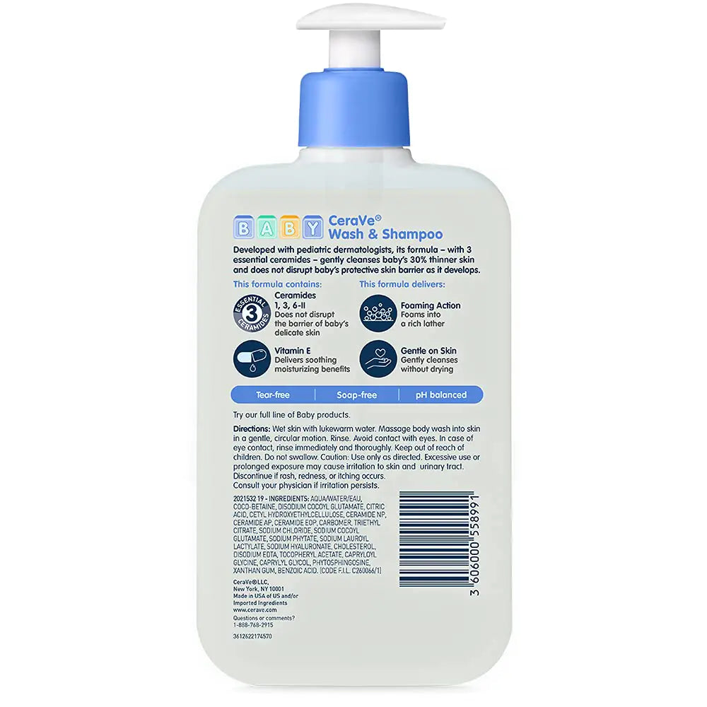 CeraVe Baby Wash & Shampoo | 2-in-1 senza lacrime per la pelle Capelli Fragranza, parabeni, tintura, ftalati Bagno senza solfati| Sapone con vitamina E 16 once 1 libbra (confezione da 1)