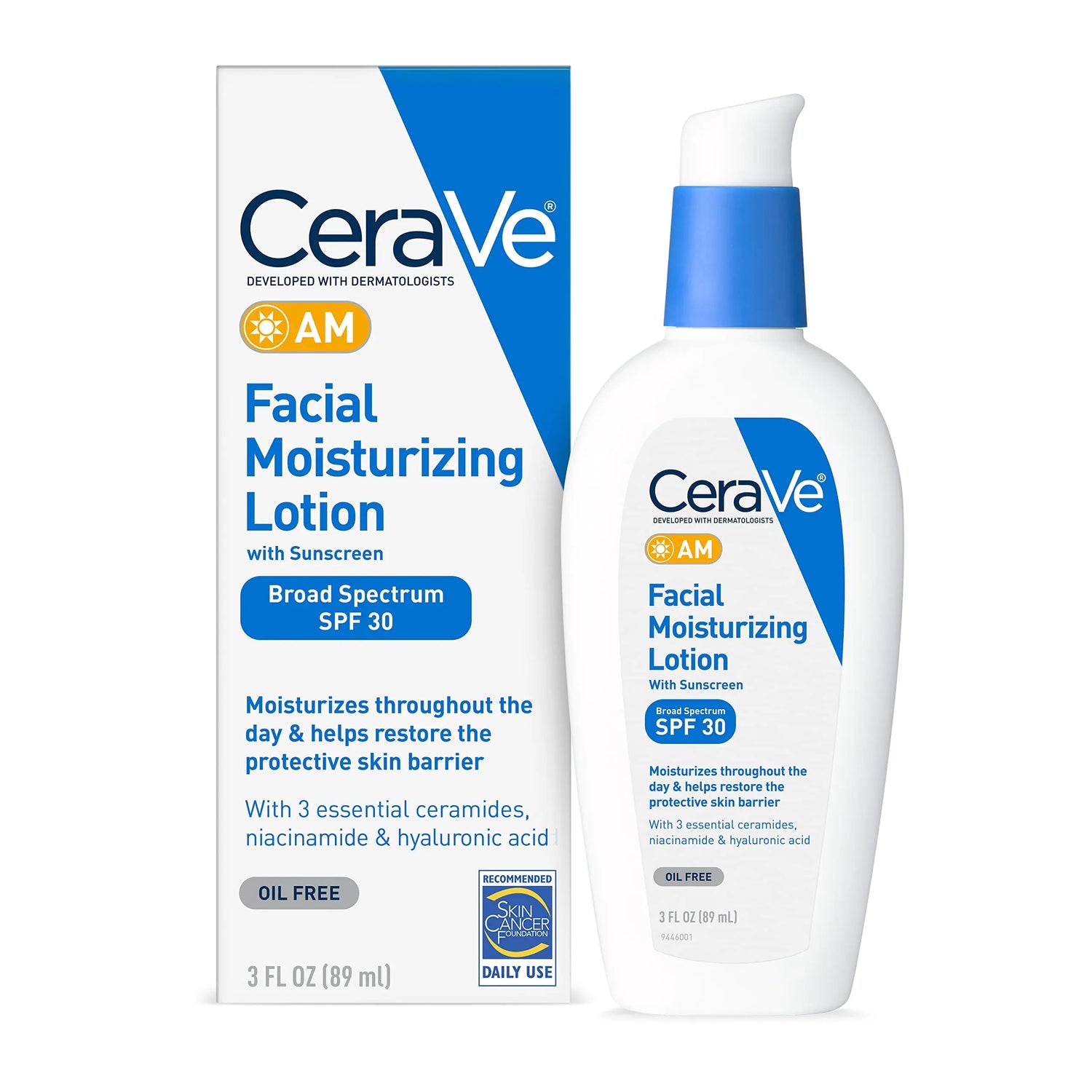 CeraVe AM Lozione idratante per il viso con SPF 30 | Idratante viso senza olio con SPF | Formulato con acido ialuronico, niacinamide e ceramidi | Non comedogenico | Protezione solare ad ampio spettro | 3 once 3 fl oz (confezione da 1